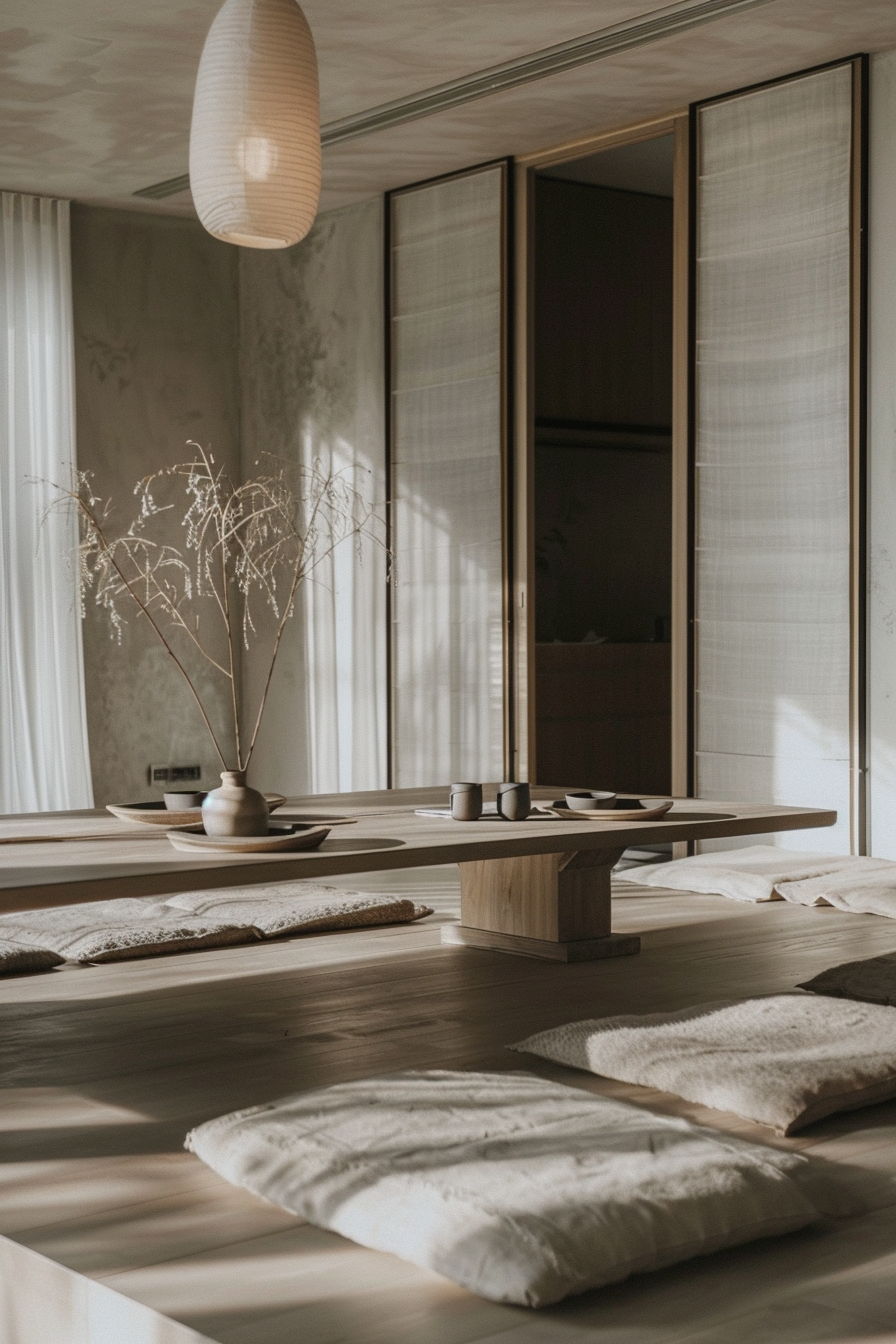 A serene Japanese-style dining room with a low wooden table, floor cushions, and a vase with dried branches under soft lighting.