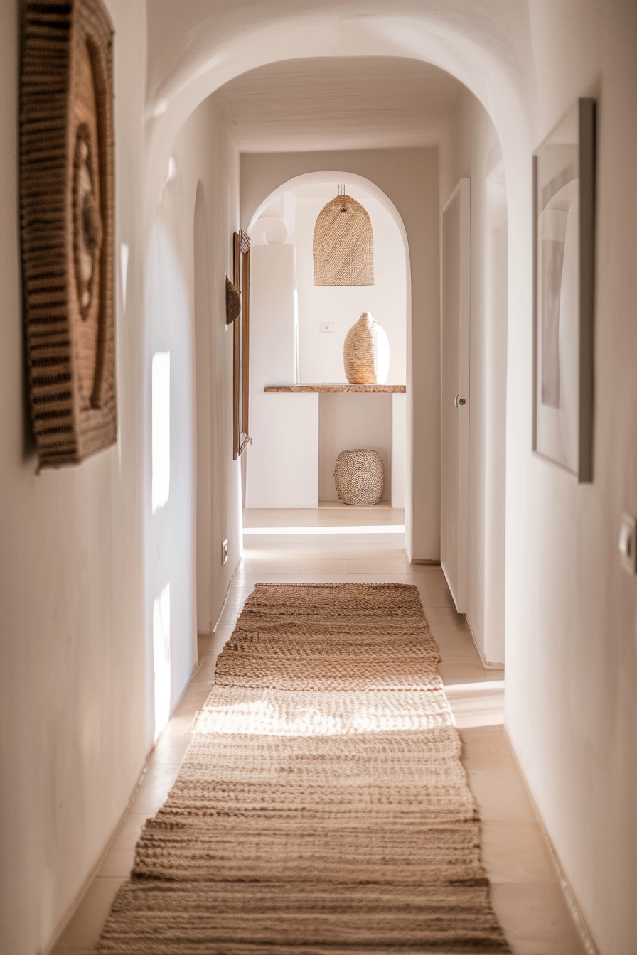"Sunlit hallway with a textured rug on the floor, wicker baskets on the wall, and a wooden shelf with a vase."