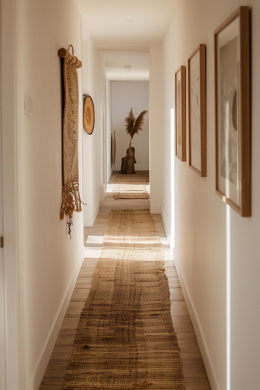 ALT: A warm, sunlit hallway with a woven rug, framed artwork on walls, and decorative objects, creating a cozy, inviting space.