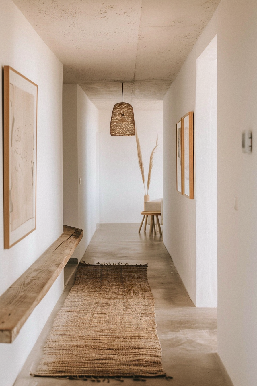 A minimalist hallway with a woven rug, wooden bench, pendant light, and framed artwork, evoking a serene, modern ambiance.