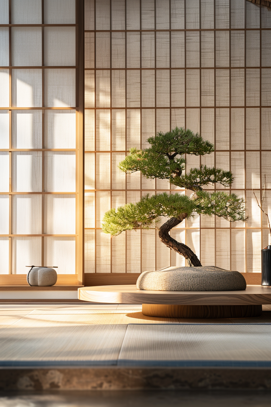 A serene traditional Japanese room with tatami mats, shoji screens, and a bonsai tree on a wooden table, bathed in warm sunlight.