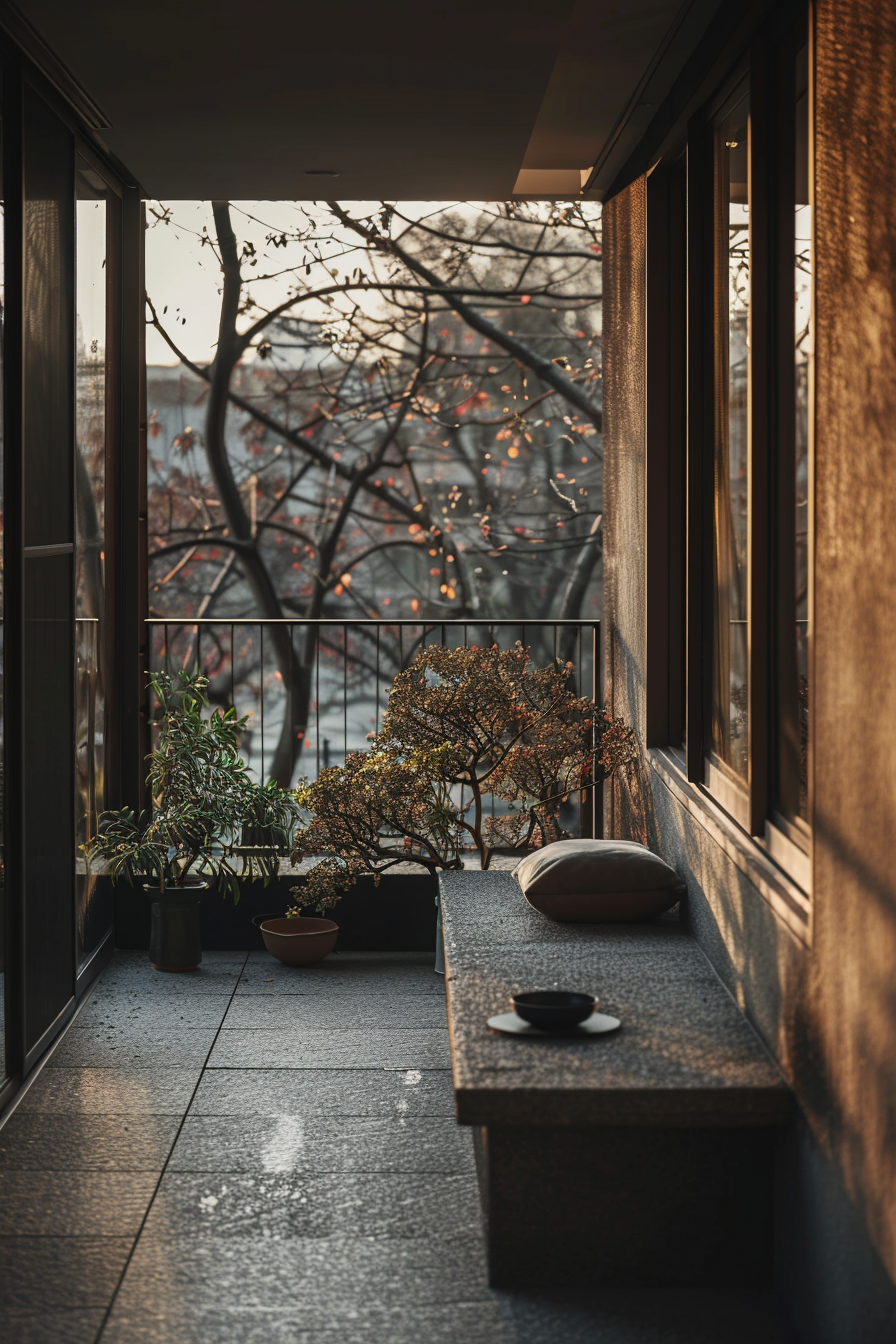 ALT: A tranquil balcony at dusk, featuring potted plants, a cushioned bench, and a small tea set, overlooking a tree with autumn leaves.