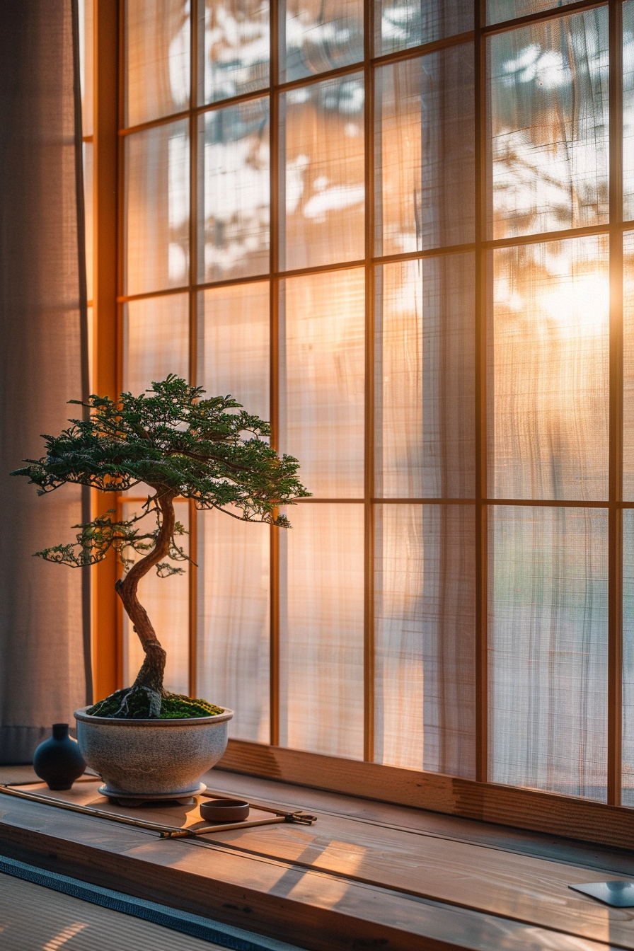 A bonsai tree on a wooden table by a window with translucent shades, bathed in warm sunlight.