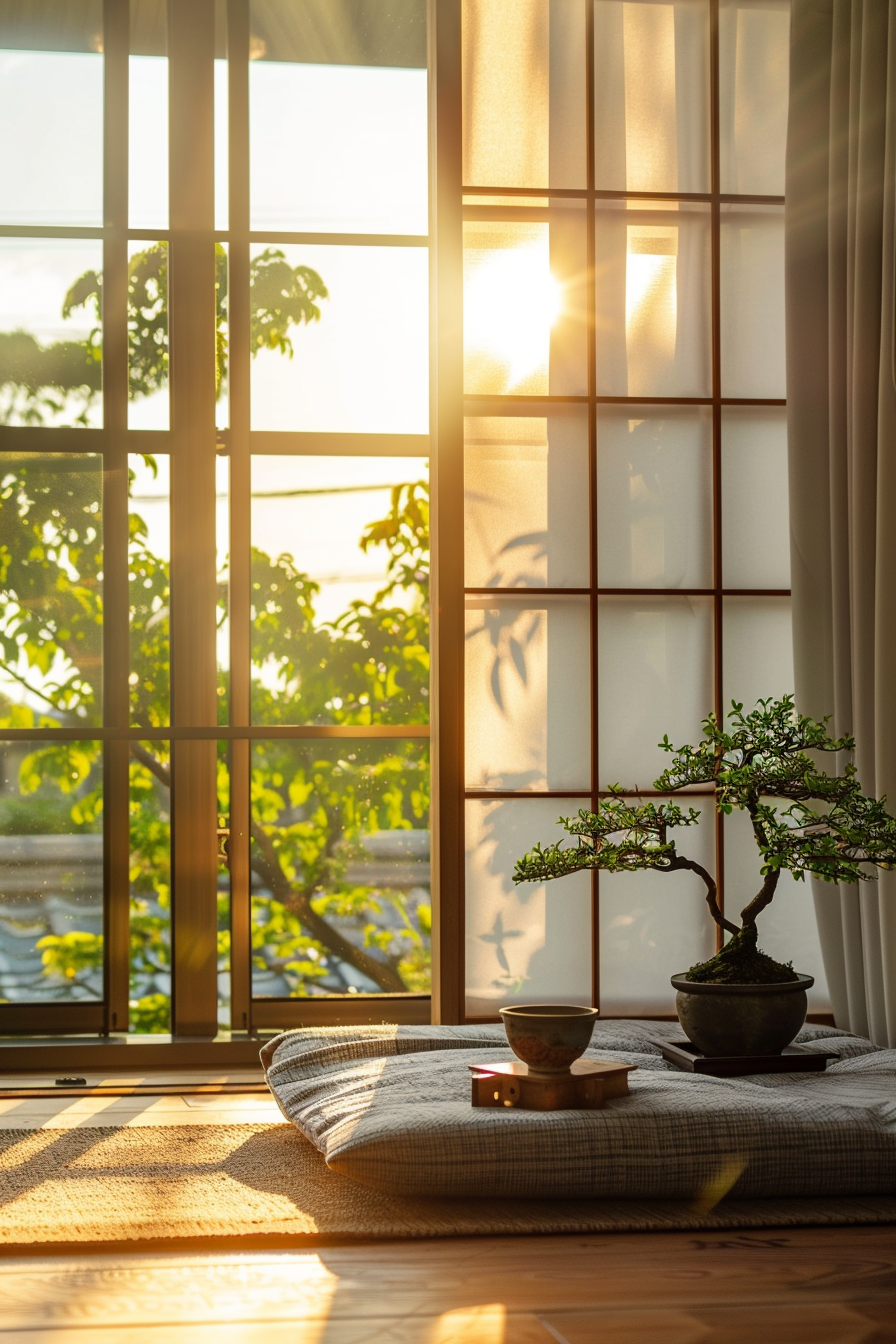 Sunlight streams through a window onto a serene indoor setting with a bonsai tree and a floor cushion.