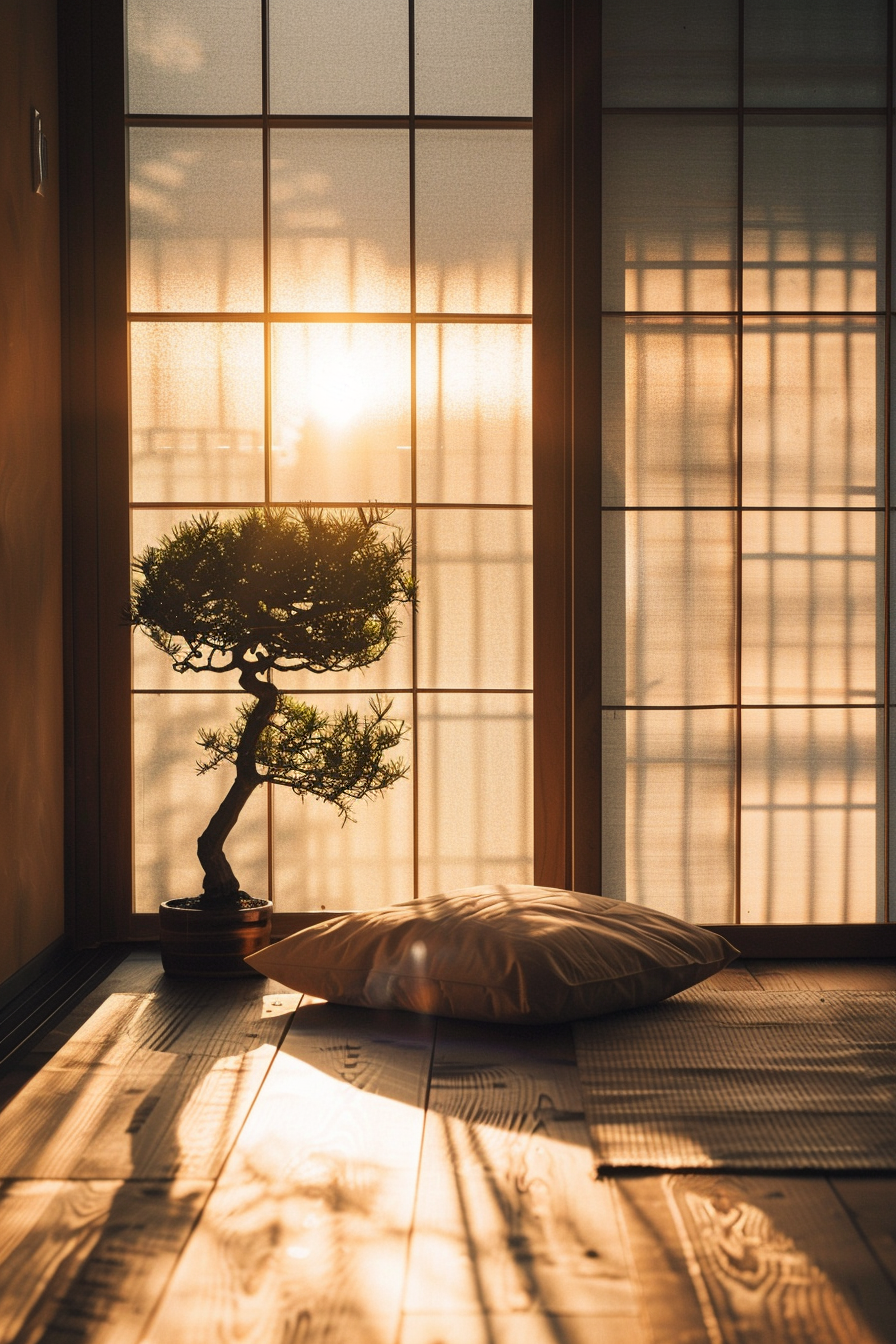 Sunlight streams through a shoji screen, illuminating a bonsai tree and a cushion on tatami flooring.