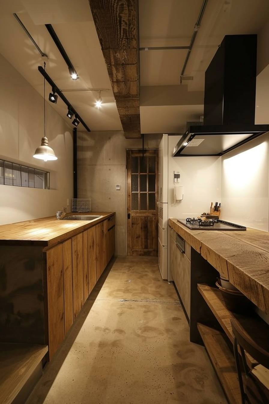 Modern kitchen interior with wooden cabinets, exposed beam ceiling, pendant lighting, and concrete floor.