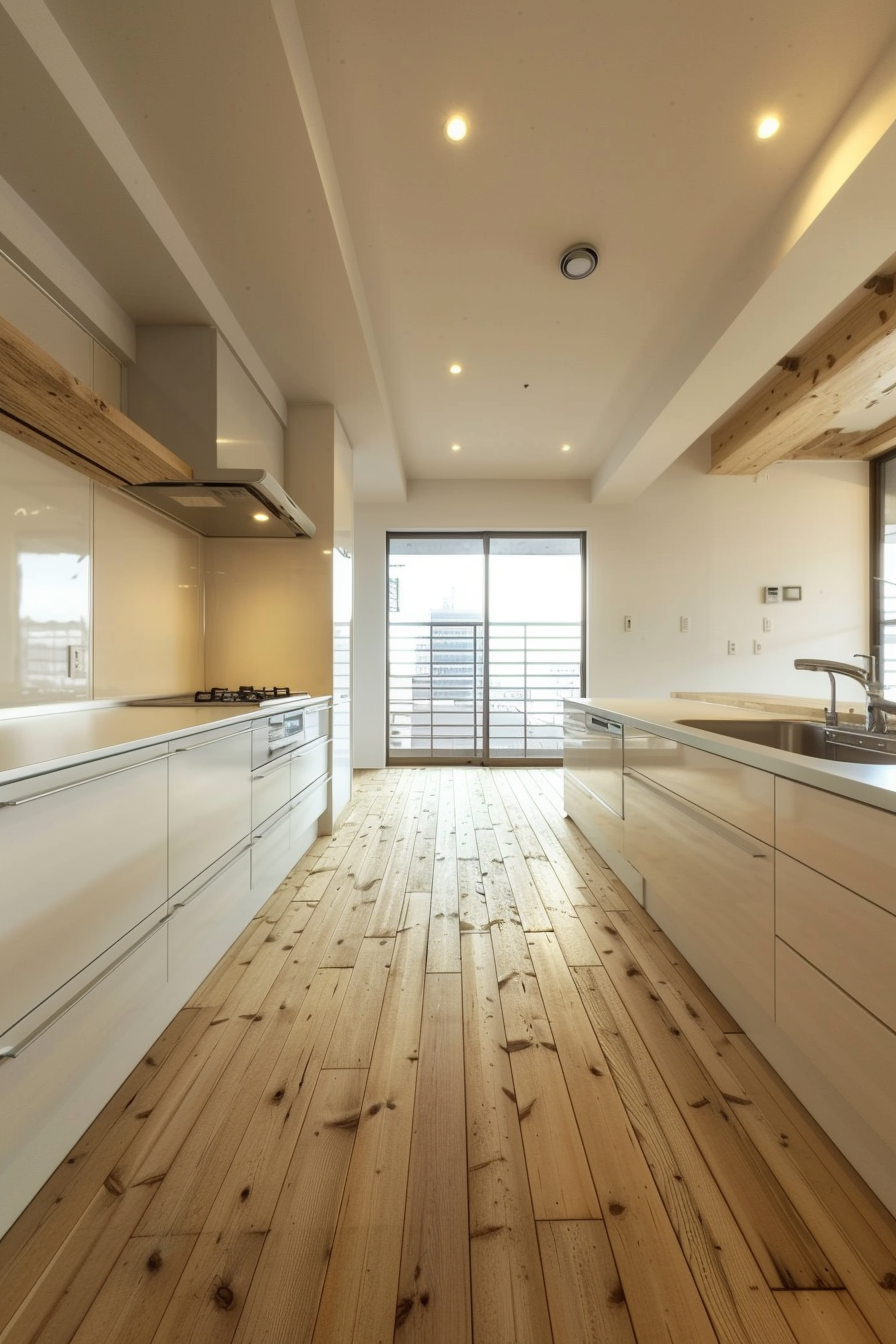 Modern kitchen interior with white cabinets, wooden floor, and natural light coming from the balcony door.