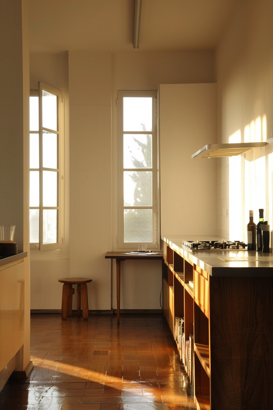 Warm sunlight filters through a tall window into a tidy kitchen with wooden floors and cabinets.