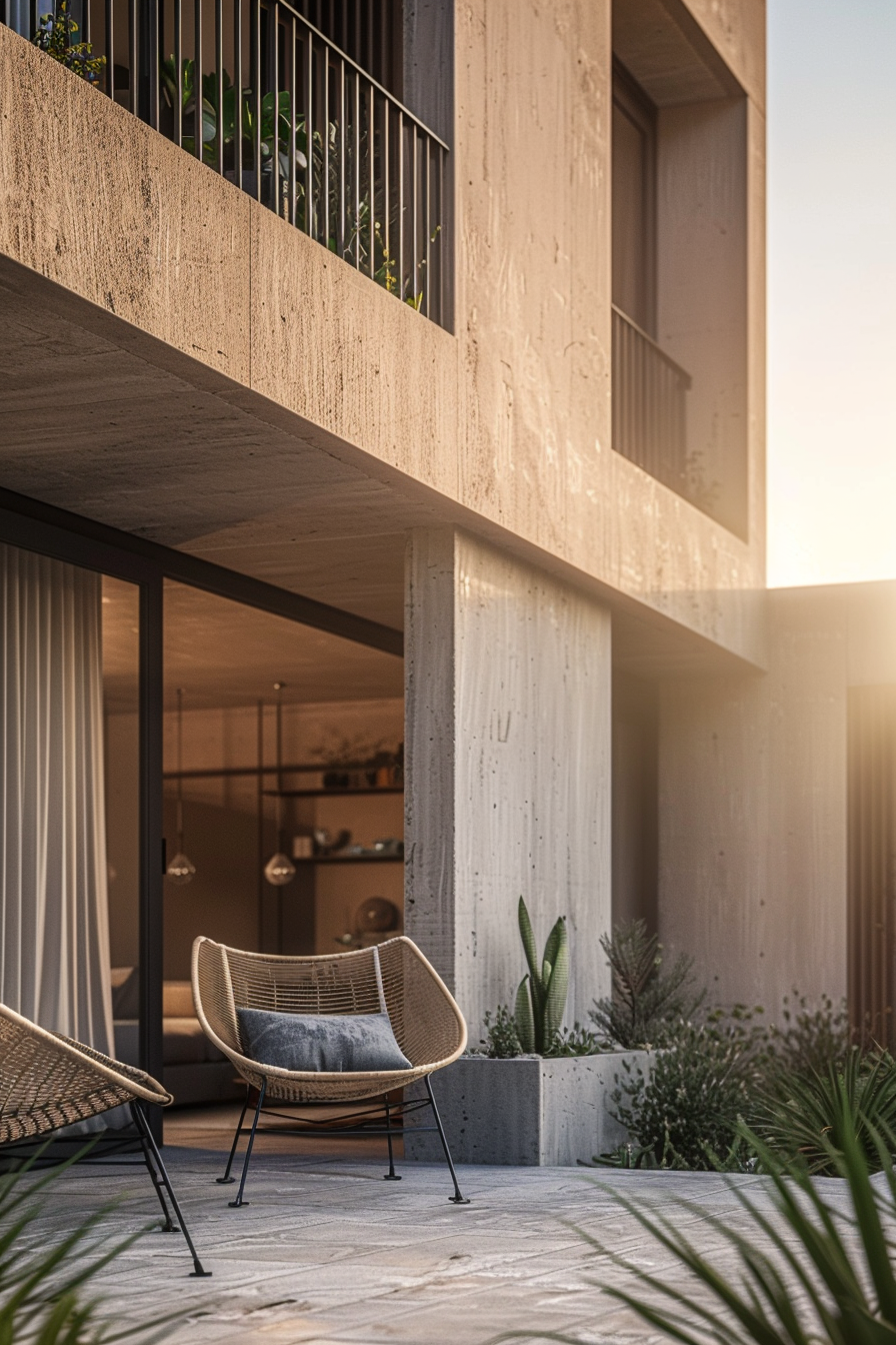 "Modern balcony with textured concrete, featuring stylish outdoor furniture and green plants, bathed in warm sunlight."