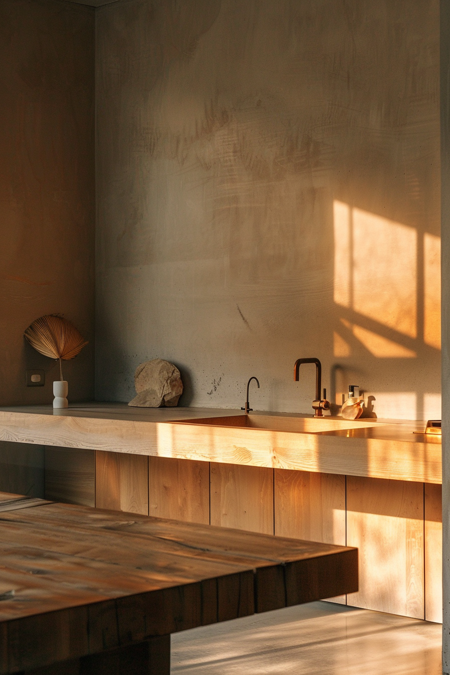 Warm sunlight filters through a window, casting shadows on a minimalist kitchen with wooden countertops and decor.