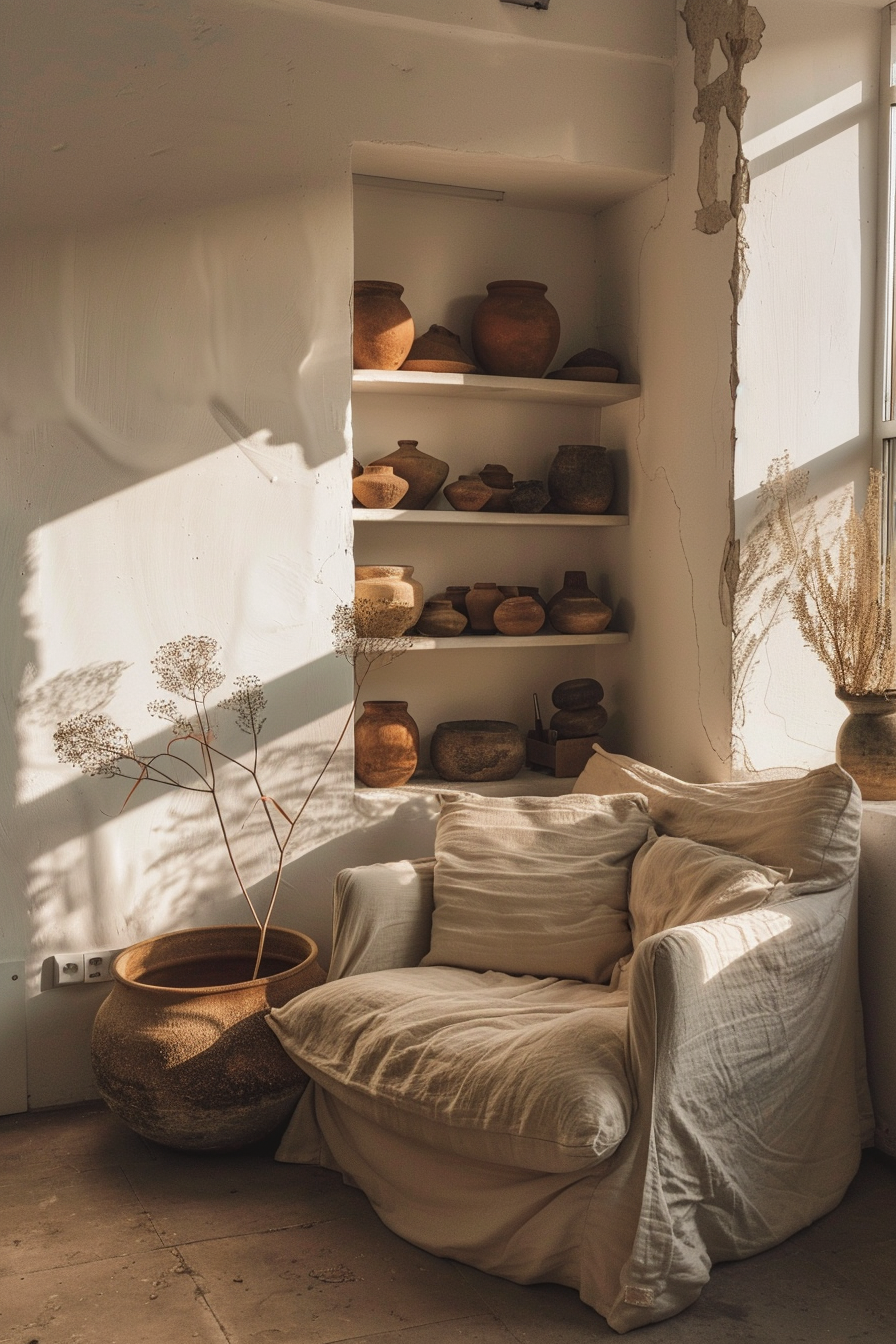 Cozy corner with a linen-covered armchair, shelf with rustic pottery, and warm sunlight casting shadows.