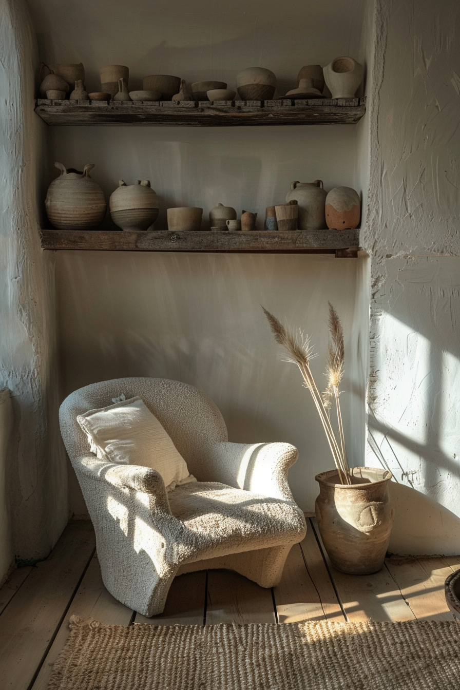 Cozy corner with a textured armchair, pottery on wooden shelves, and pampas grass in a clay pot illuminated by warm sunlight.