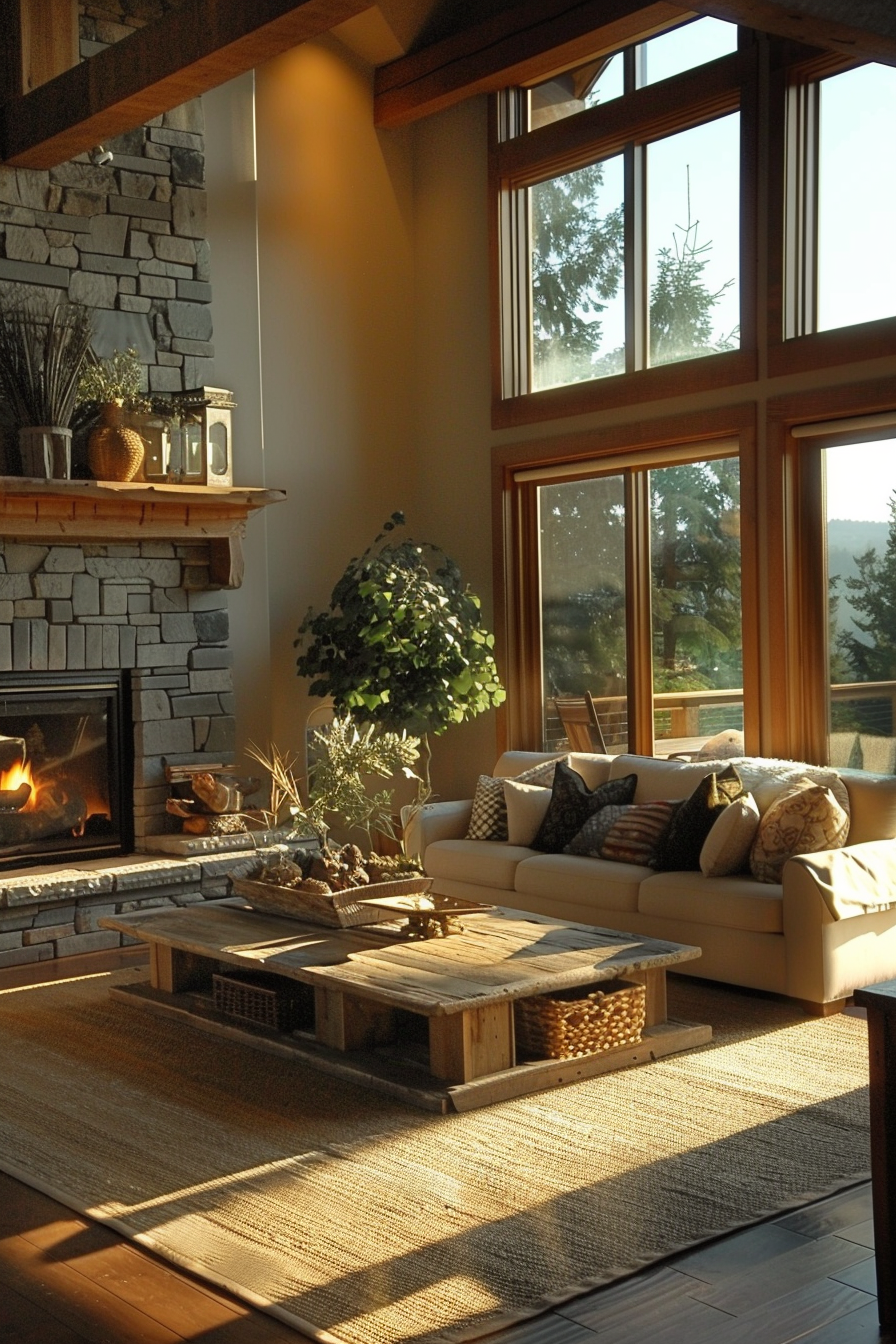 Cozy living room with fireplace, large windows, and comfortable sofa bathed in warm sunlight.