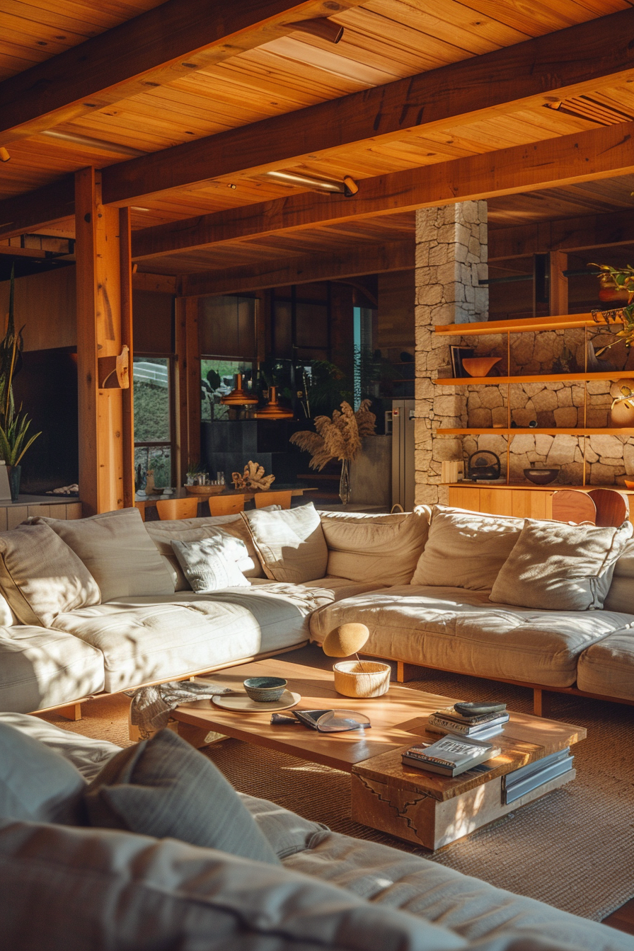 Cozy living room with plush sofas, wooden furniture, and warm sunlight filtering through.