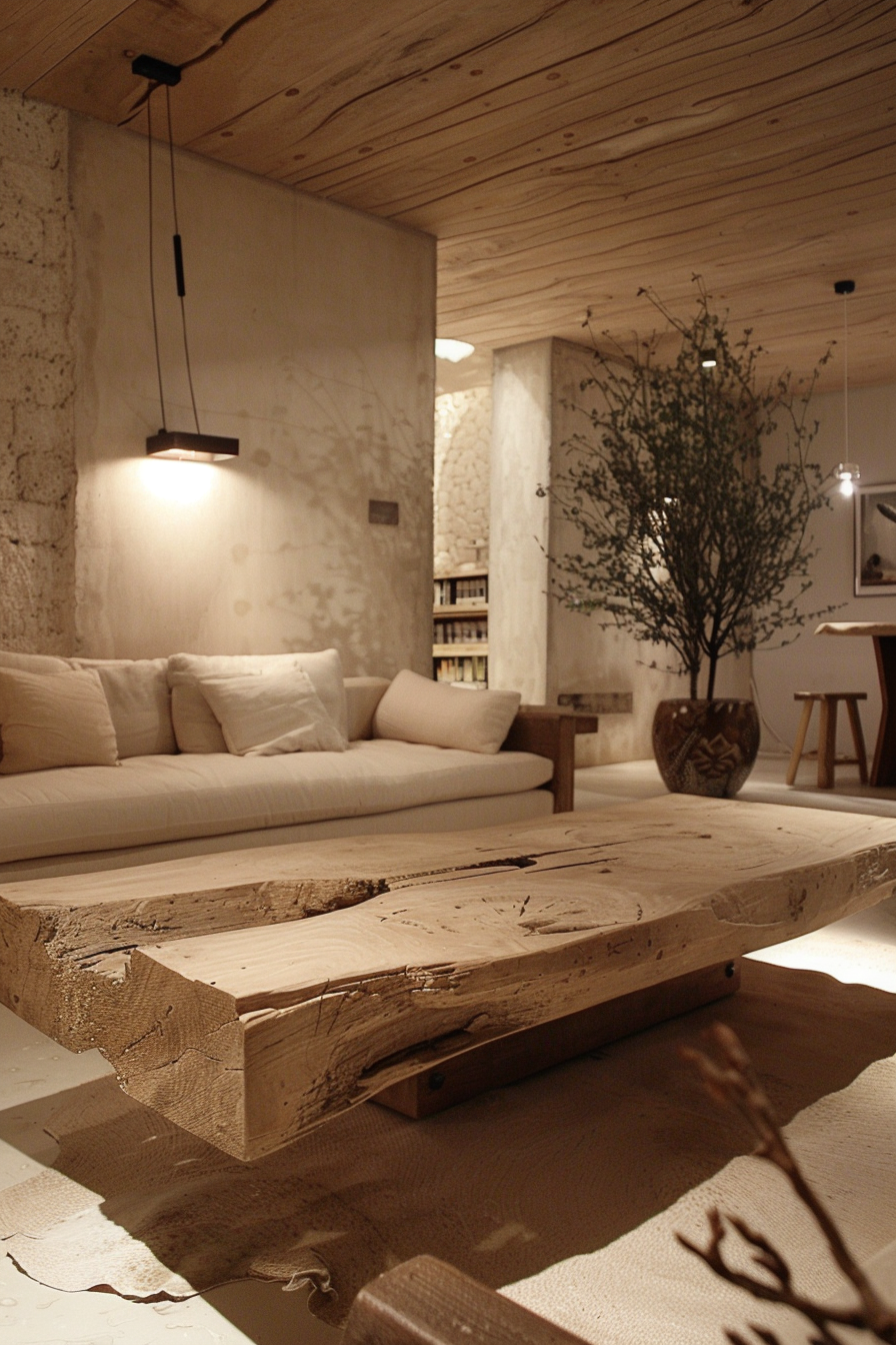 Cozy interior with beige sofa, wooden table, and plant, featuring warm lighting and a rustic, modern design.