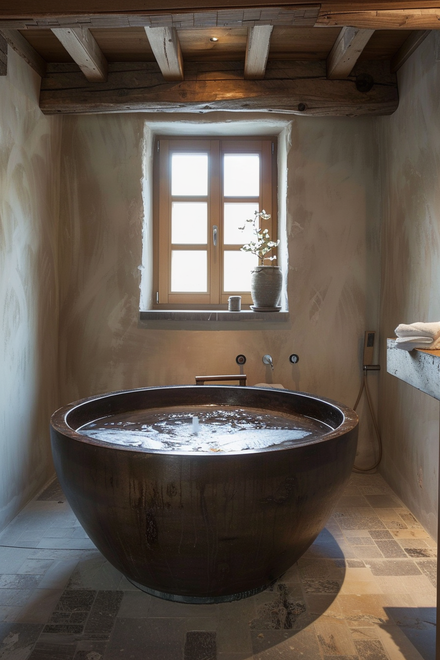 A rustic-style bathroom with a round, freestanding copper bathtub full of water, near a window with a potted plant on the sill.