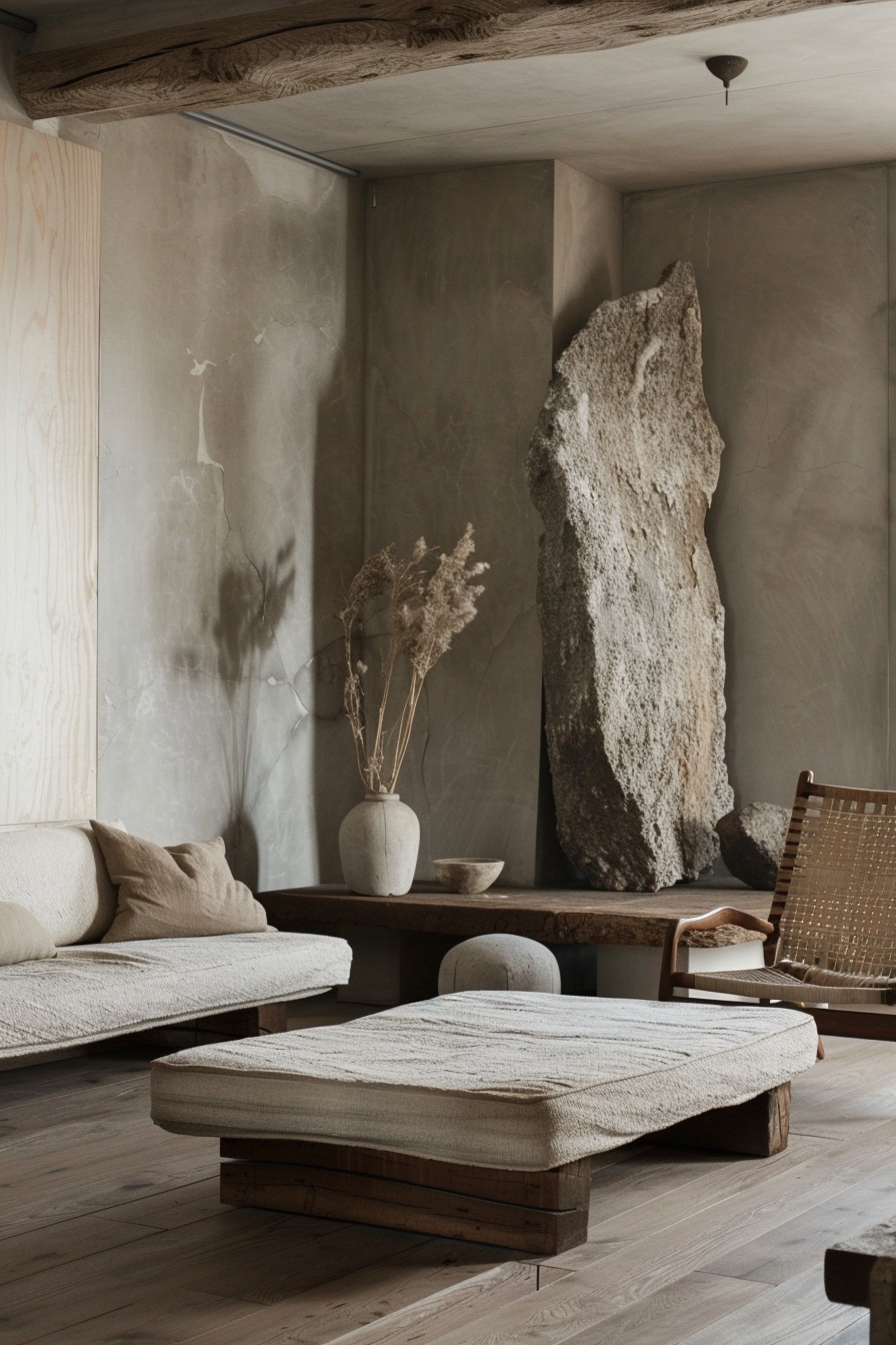 A cozy, natural-toned living space with a large stone accent wall, low wooden furniture, and dried plants in a vase.