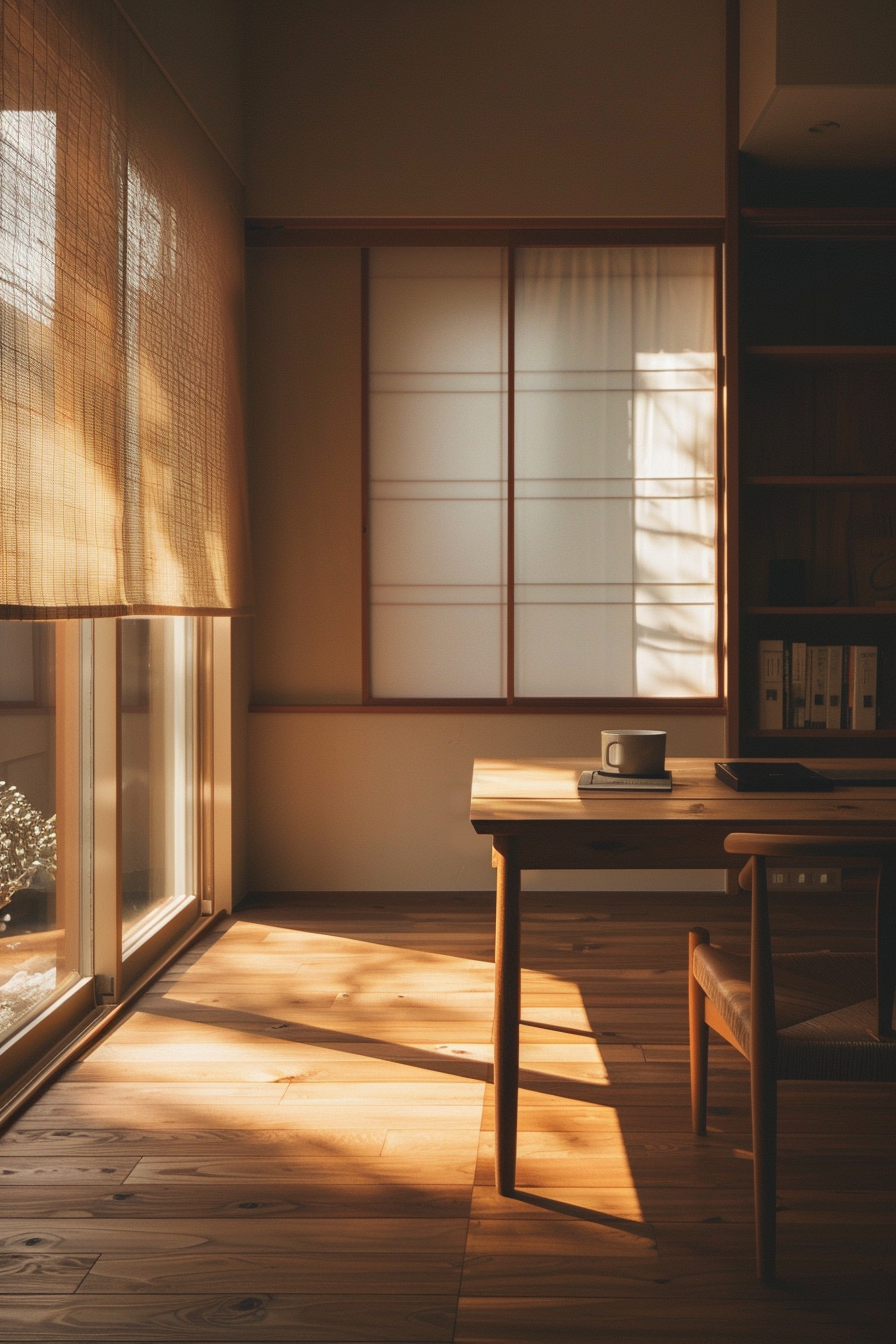 A serene room with warm sunlight filtering through a window, casting shadows on the wooden floor with a simple table and a mug.
