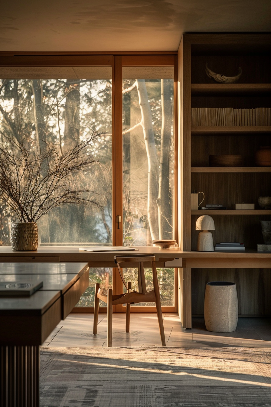Warm sunlight streams through large windows into a cozy room with a wooden desk and bookshelf, overlooking a tranquil forest.