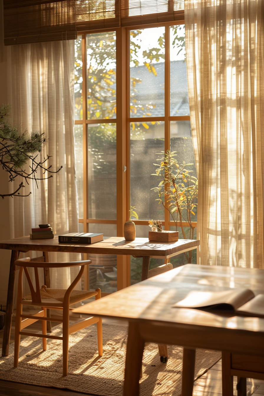 Warm sunlight filters through sheer curtains into a peaceful room with a wooden table, books, and potted plants.