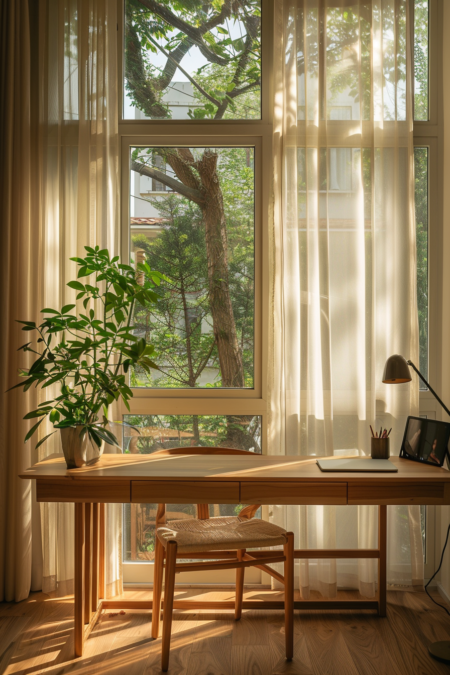 Cozy home office with a wooden desk and chair by a window, sheer curtains, sunlight filtering through leaves, and a potted plant.