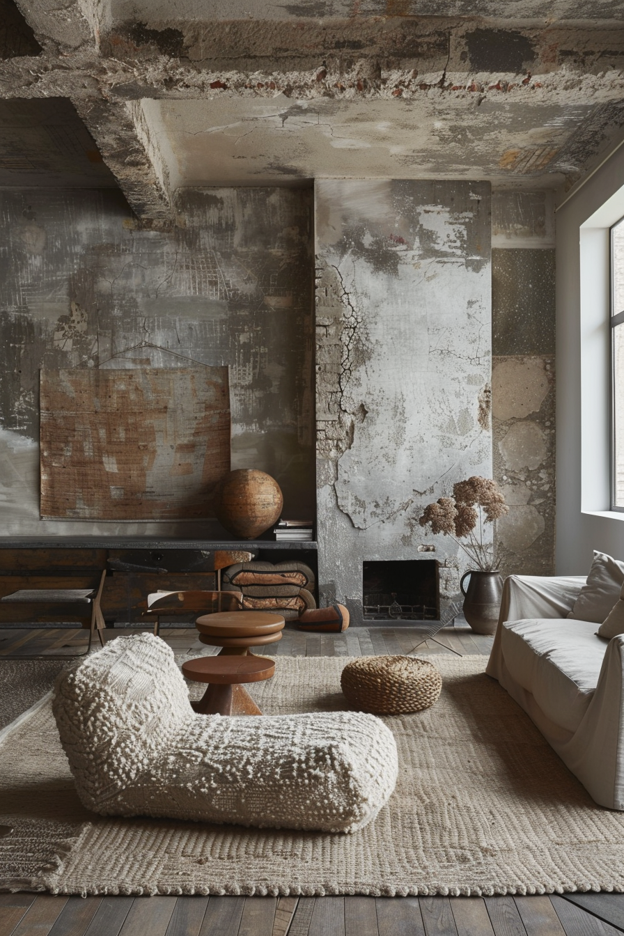 Rustic living room interior with distressed walls, textured rug, knitted furniture, abstract art, and a small fireplace.