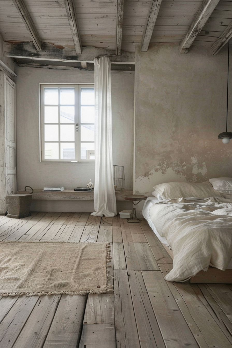 A rustic bedroom with distressed wooden floors, an unmade bed with white linens, and a simple window letting in natural light.