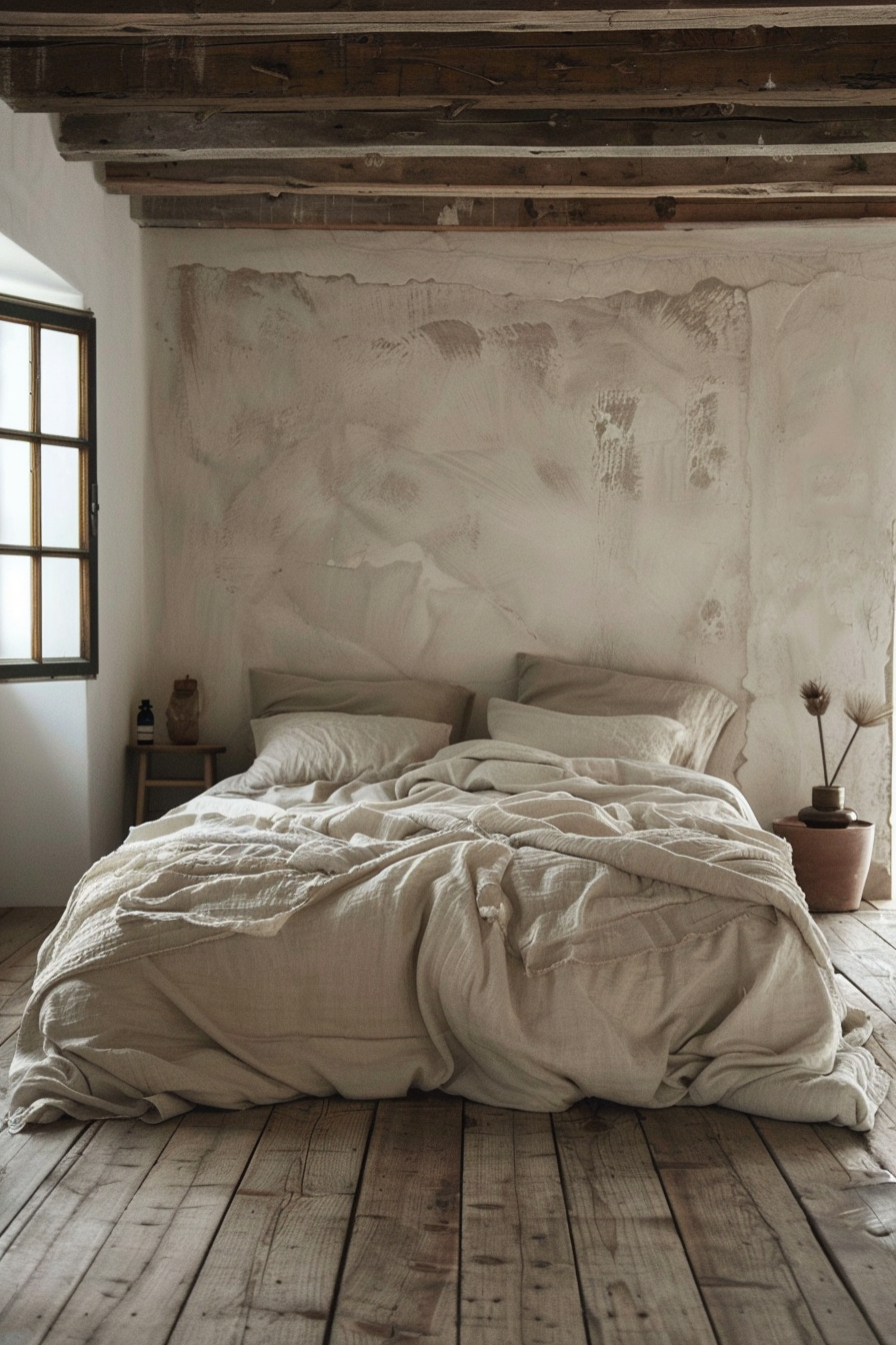 A rustic bedroom with an unmade bed, wrinkled linen sheets, on a weathered wooden floor, beside a textured plaster wall.