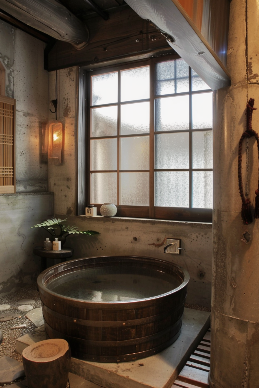 Rustic bathroom interior with a wooden soaking tub, frosted window, pebble floor, and warm lighting.