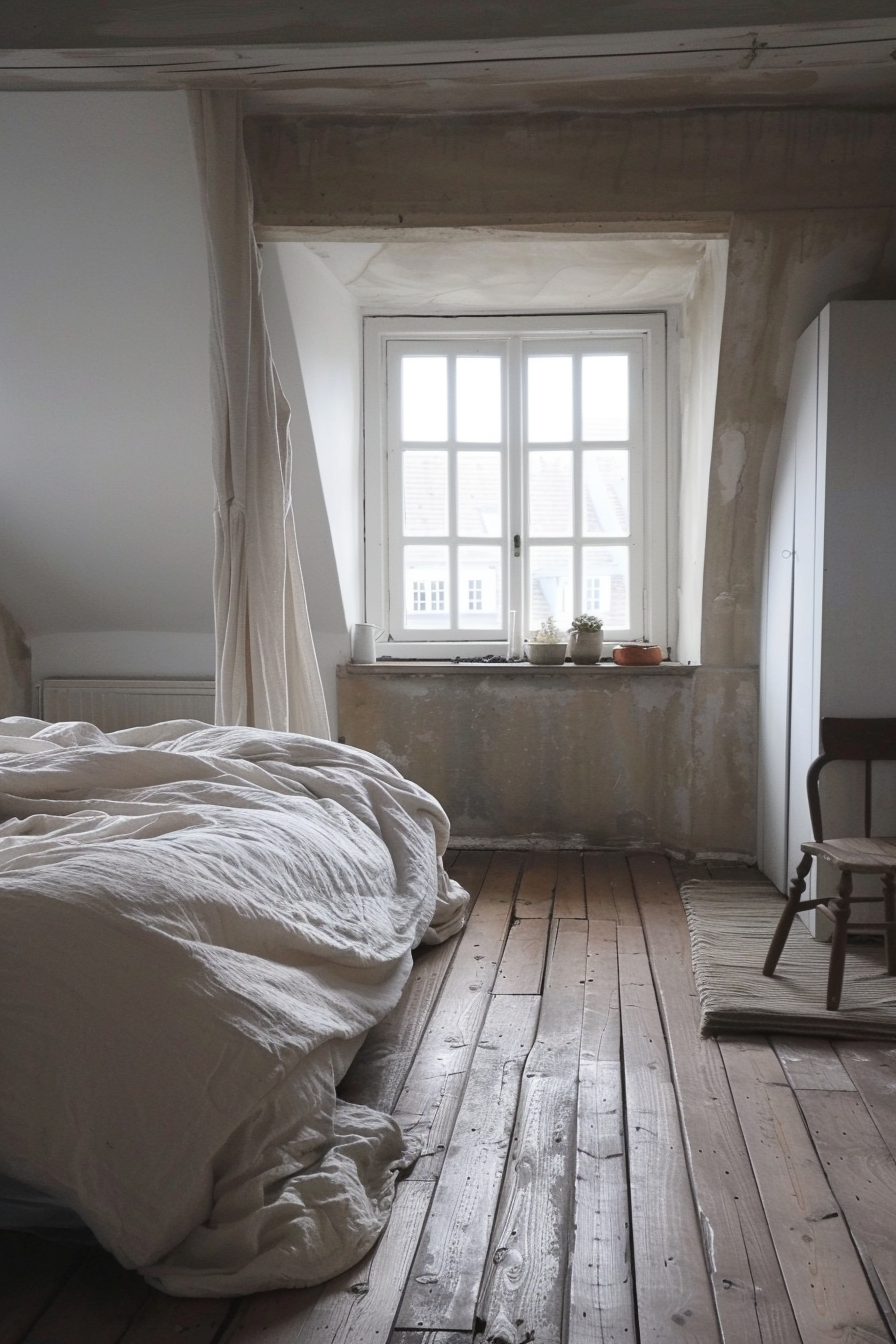 A cozy, rustic bedroom with an unmade bed, wooden floors, and a window letting in natural light.
