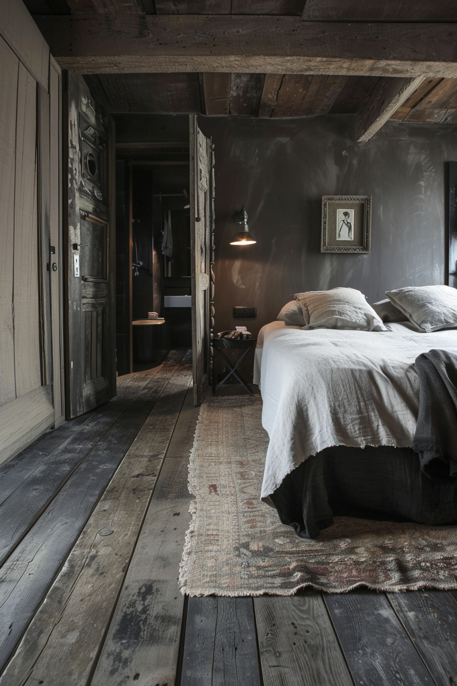 Rustic bedroom with weathered wooden floors, a bed with white linens, and a single framed picture on a dark wall, with a door opening to a bathroom.