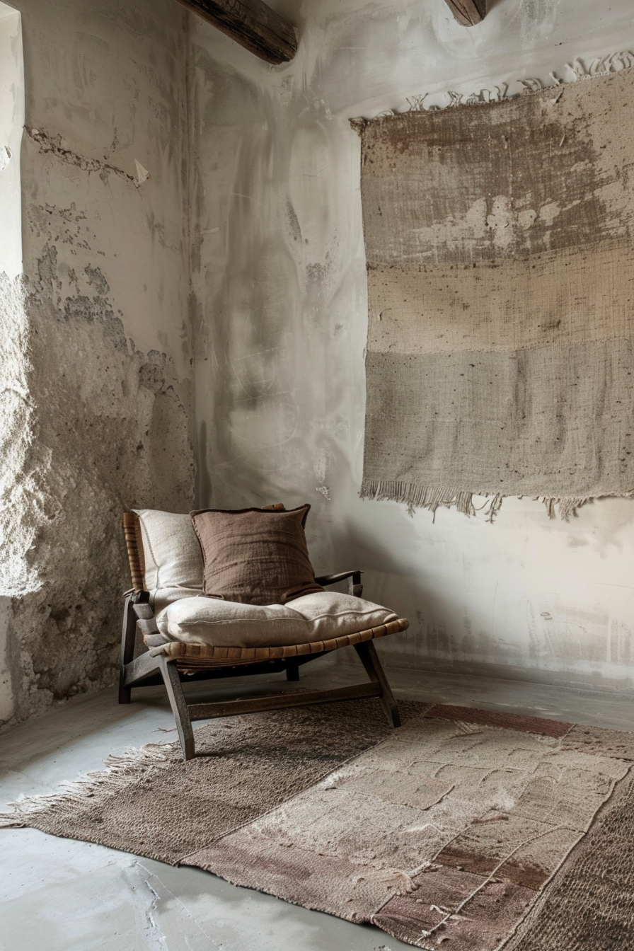 A rustic wooden armchair with cushions on a textured rug against an unfinished plaster wall with a hanging textile artwork.