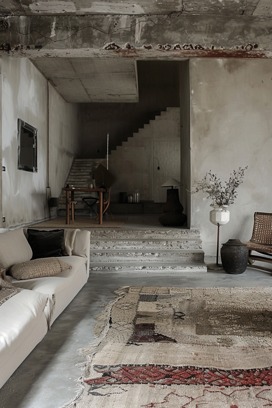 ALT: Industrial-style interior with exposed concrete stairs, a rustic woven carpet, minimal furniture, and a white fabric sofa.