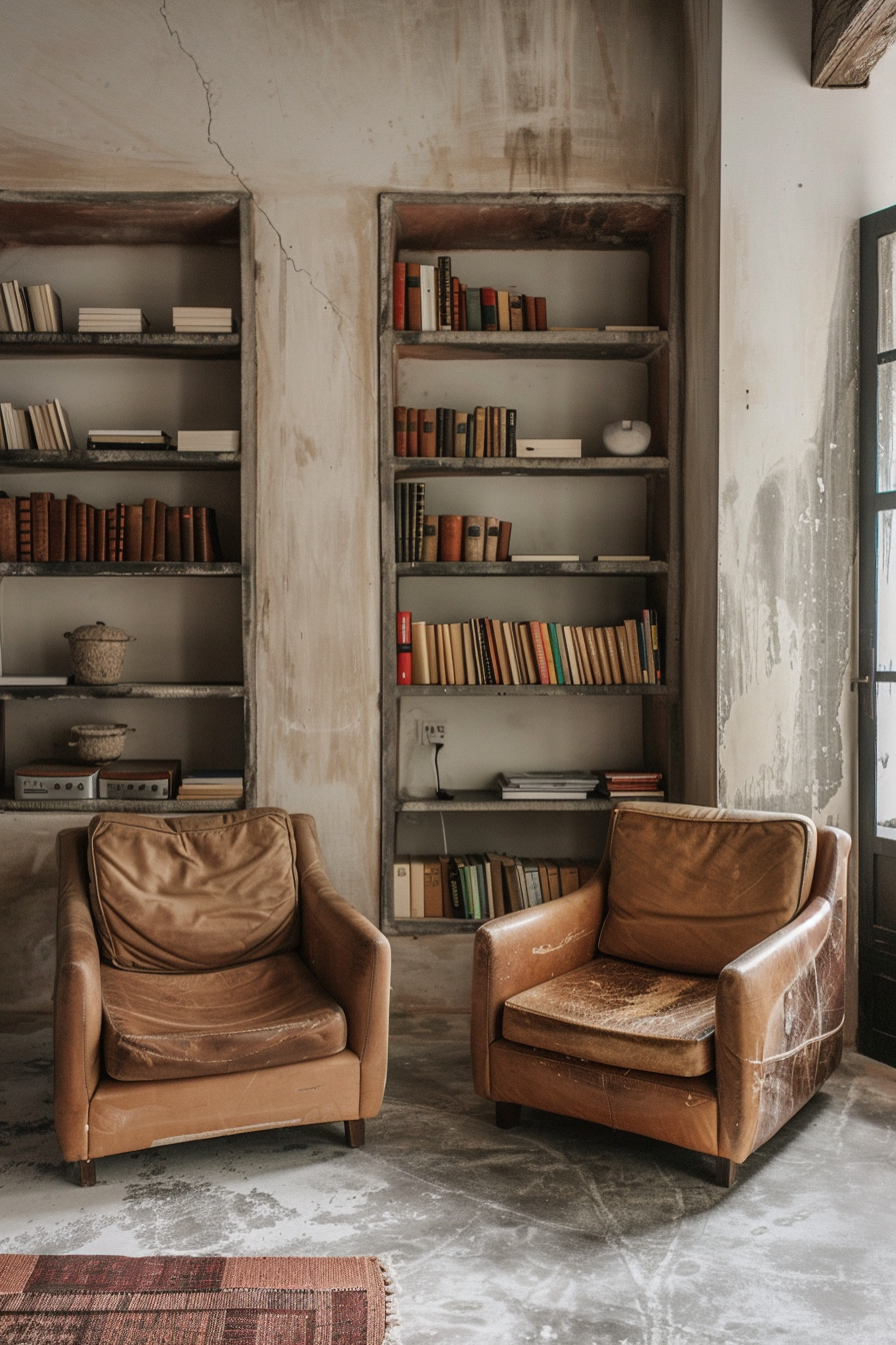 Two worn brown leather chairs in front of a bookshelf filled with books in a rustic room with cracked walls.