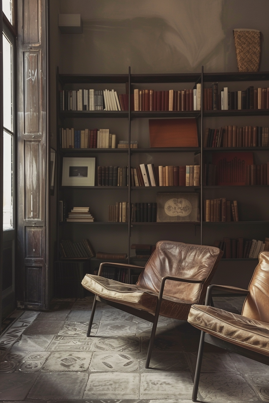 A cozy reading corner with two leather chairs and a floor-to-ceiling bookshelf filled with books, near a tall window.