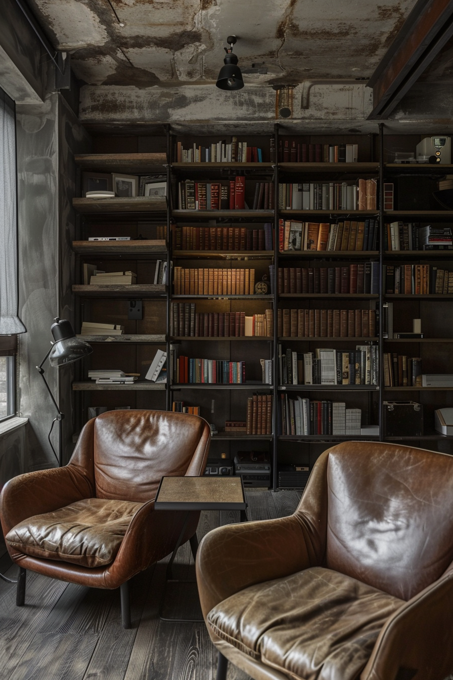 Cozy reading nook with two leather chairs, a wooden bookshelf filled with books, and an industrial-style ceiling light.