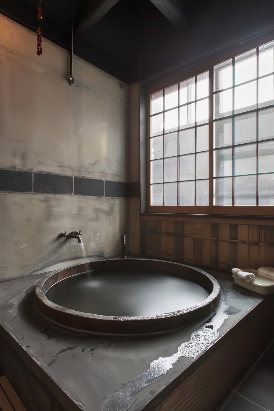 Traditional Japanese soaking tub, or ofuro, in a serene bathroom with frosted glass windows and wood paneling.
