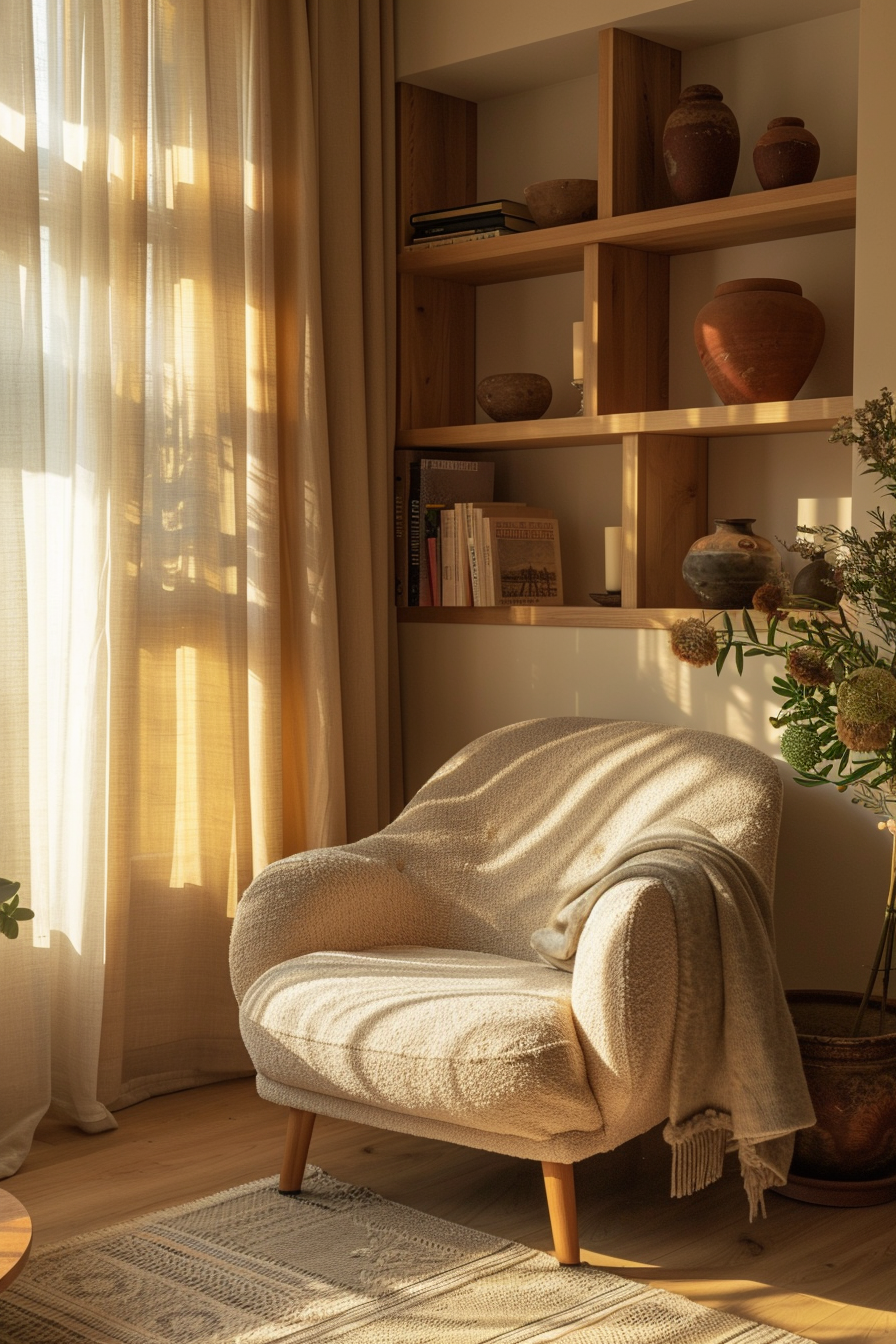 Cozy reading nook with sunlight filtering through sheer curtains, a comfortable chair with a blanket, wooden shelves, and potted plants.