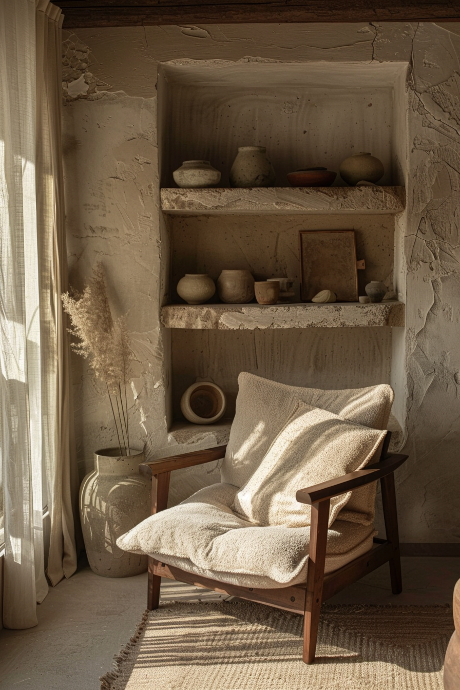 Cozy corner with a comfortable chair, cushions, and a built-in shelf with pottery, bathed in warm sunlight next to a sheer curtain.