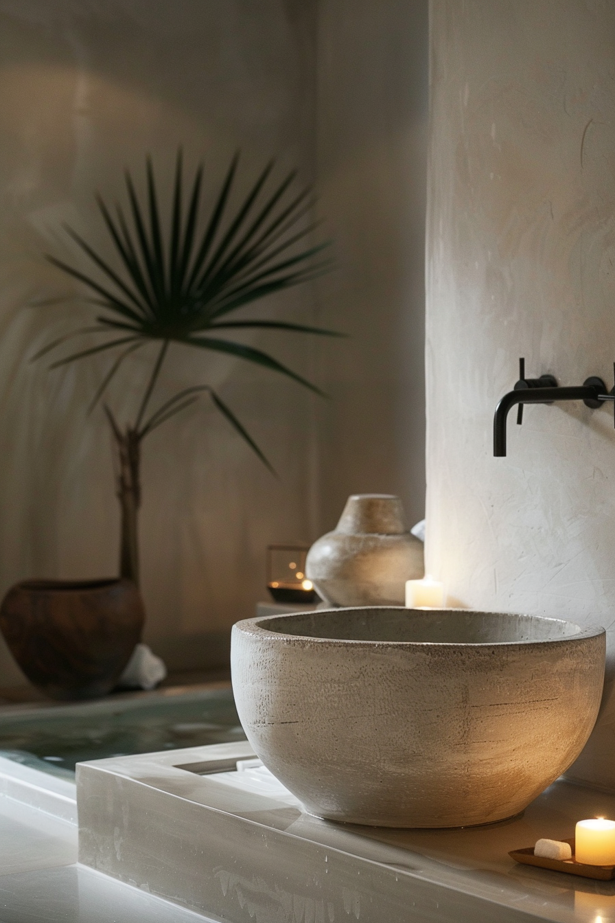 A serene bathroom corner with a round stone sink, lit candles, a potted palm, and a wall-mounted faucet.