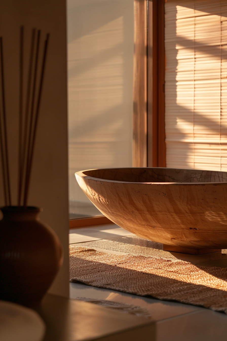 Alt text: Warm sunlight filters through blinds, casting soft shadows on a wooden bowl and a vase with sticks on a textured rug.