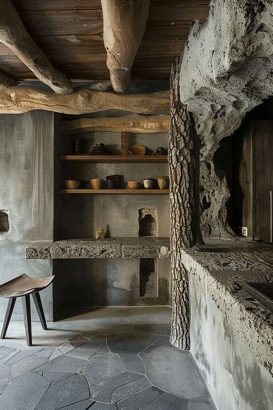 The scene depicts a rustic kitchen with heavy wooden beams supporting the ceiling, a concrete countertop, and textured walls with a unique pitted design giving it an aged appearance. Open shelves are built into the concrete wall and stocked with various earthenware pots and bowls. A wooden and metal stool stands on a floor composed of irregular gray tiles, adding to the overall earthy and natural vibe of the setting. There's a visible fireplace area recessed into the wall beneath the shelving. Rustic kitchen with wooden beams, concrete countertop, textured walls, and earthenware on shelves.