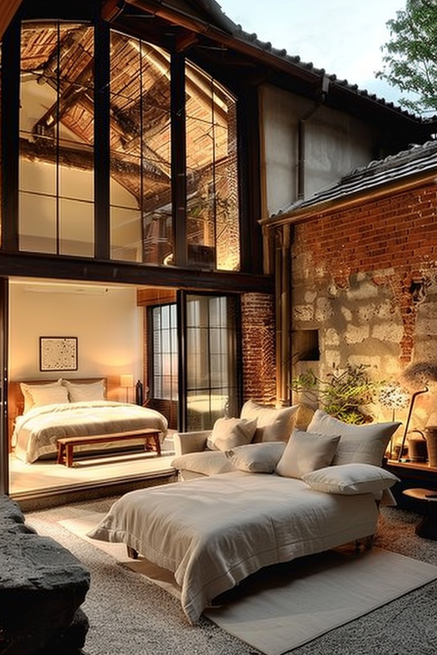The scene depicts a cozy bedroom setting with a warm, ambient glow. A large, comfortable bed with plush bedding and multiple pillows occupies the foreground, centered on a cream rug. In the background, another bed with similar styling can be seen through a large window, suggesting a connected room or suite. The room combines modern and rustic elements: expansive glass panes set within a wooden frame provide a view of the adjoining space, while exposed brick walls add texture and a sense of history to the interior. The space feels inviting, with soft lighting and a tranquil atmosphere. Modern bedroom with plush bedding, exposed brick walls, large windows, and a warm, inviting ambiance.