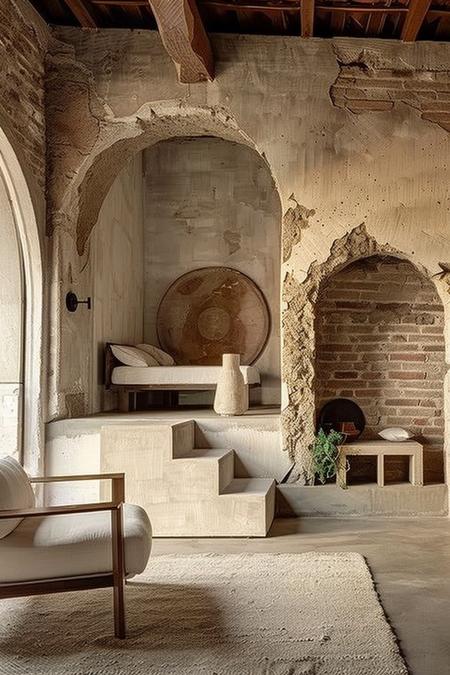 Inside a rustic room with exposed brick and arches, there's modern furniture contrasting with the historical architecture. A sitting area with sleek sofas complements abstract wooden sculptures and a minimalist aesthetic. Interior design fusion of modern furniture and historic architectural details.