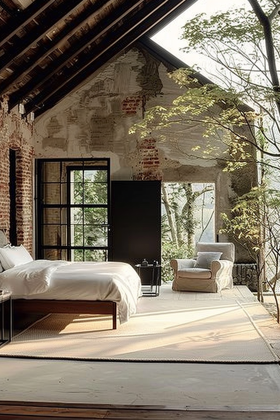 The scene shows a spacious and rustic bedroom with a high, sloping ceiling supported by dark wooden beams. The room combines modern and rustic elements, such as exposed brick walls that are partially plastered and painted with the remnants and patina of old wall finishes. A large wrought-iron-framed window, nearly floor-to-ceiling, allows a view of densely forested surroundings and lets natural light flood the space. A large double bed with a simple frame and white bedding is centered in the room, with a small black bedside table. On the right is a comfortable armchair with a light-colored cushion, suggesting a cozy reading nook. The floor is made of wide wooden planks, covered partially by a light-colored area rug, accentuating the natural and tranquil ambiance of the bedroom. Rustic bedroom with exposed brick walls, a large window, and tranquil forest views.