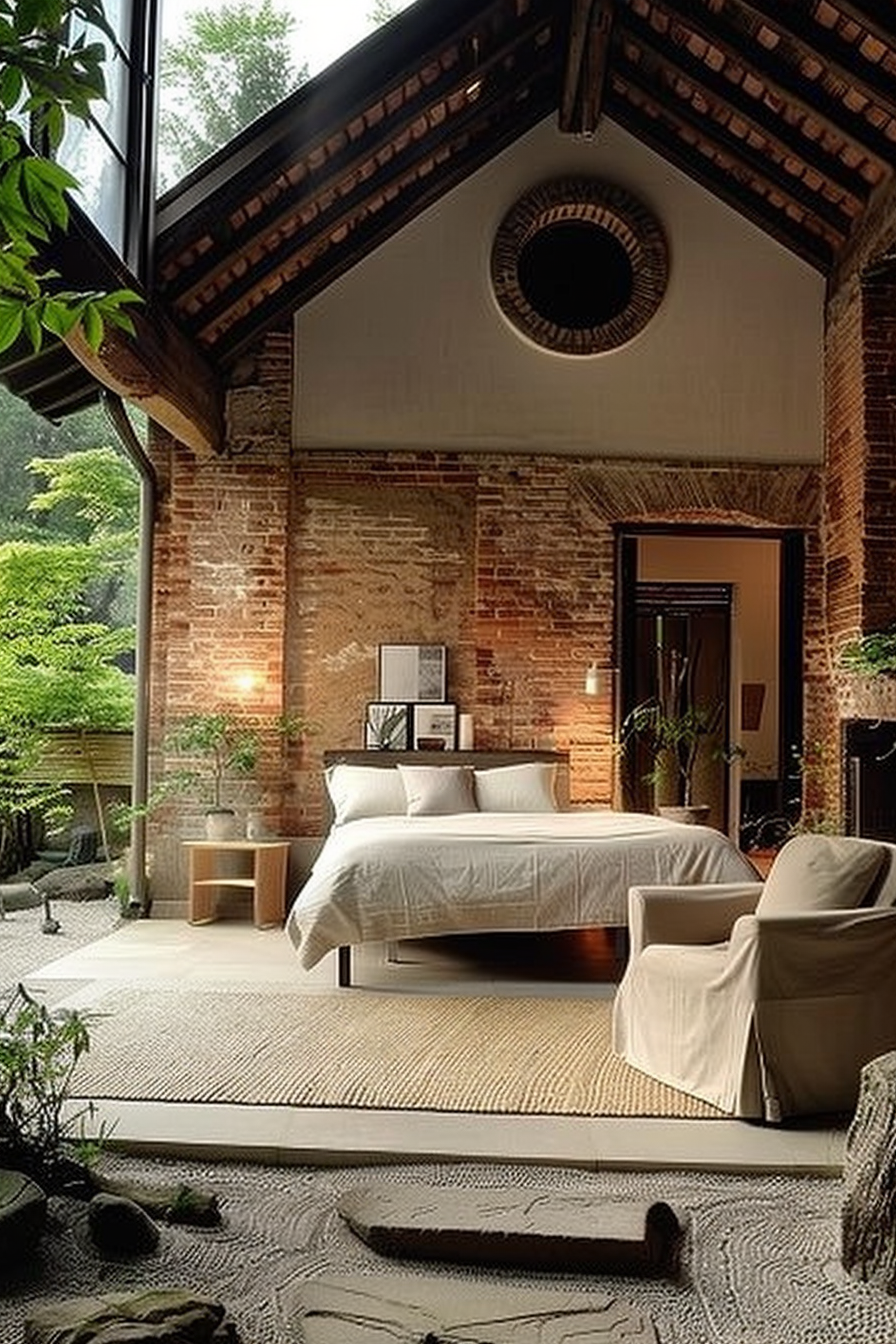 The setting is a cozy bedroom within a room that exudes a rustic charm with exposed brick walls and a beamed ceiling. The room features large windows that look out onto green foliage, providing a serene view and natural light. At the center of the room is a neatly made bed with white bedding, flanked by simple wood nightstands and small, modern lamps. The room's floor is partly covered by a textured rug, which adds warmth to the space. In the foreground, there is a sitting area with a comfy armchair, and throughout the room, various potted plants give a sense of life and tranquility. Bedroom with exposed brick walls, beamed ceiling, and view of greenery outside large windows.