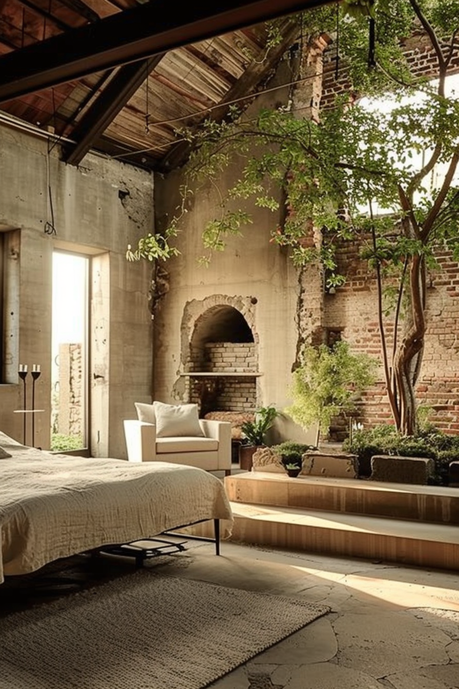 The scene presents a rustic and industrial-style bedroom seamlessly integrated with a green indoor garden. The room has exposed brick walls and an unfinished concrete structure that adds to the reclaimed aesthetic. Sunlight filters through tall windows and a skylight, illuminating the space. A large bed with simple bedding is on the right, and to the left is a cozy sitting area with a white armchair and a candlestick holder on a small side table. The center of the room features a built-in planter with a variety of plants and a small tree, bringing life and nature indoors. In the background, an open fireplace built into a wall adds a touch of warmth to the setting. Rustic bedroom with plants and exposed brickwork blending nature with industrial decor.