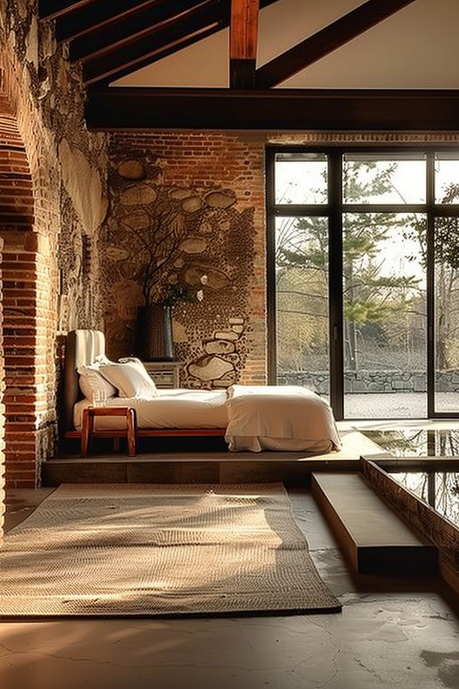 The scene shows a cozy bedroom with a rustic and modern blend. There is a comfortable-looking bed with white linens on a wooden frame, situated next to a brick wall that has a unique decorative mural. The room features large glass windows allowing natural light to fill the space, highlighting a woven area rug on a concrete floor. Exposed wooden beams contrast with the metal window frames, encapsulating the warm and inviting ambiance of the room. Cozy modern bedroom with exposed brick, wooden beams, and mural near large windows.