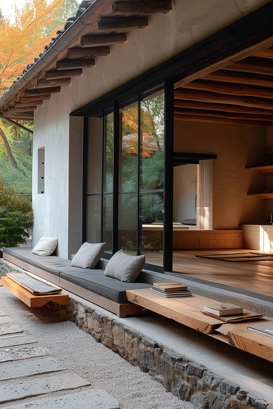 The scene is of a modern, minimalist house with large glass windows and a traditional wooden overhang. Cushioned bench seating is available against the window, with stacked books adding to the tranquil setting. The interior displays a harmonious blend of wood and natural light. In the background, lush foliage in autumnal colors creates a sense of serenity. A stone-paved path leads to the area, emphasizing the seamless indoor-outdoor living experience. Modern house with glass windows, wooden overhang, bench seating, and autumn foliage.