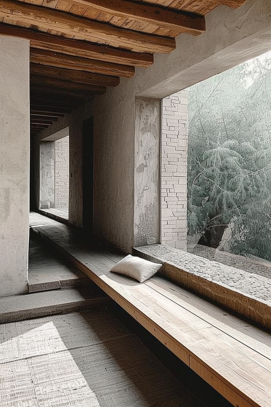 The corridor shows a minimalist design with raw textures. Wooden beams line the ceiling, complementing the concrete walls and large, frosted glass windows displaying silhouetted trees. A wooden bench, adorned with a single cushion, runs along the windows, offering a place to sit and relax. The floor is covered with a neutral-toned rug that adds warmth to the space. Modern hallway with wooden beams, bench seating by frosted windows, and a neutral rug.